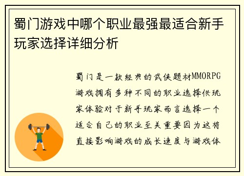 蜀门游戏中哪个职业最强最适合新手玩家选择详细分析