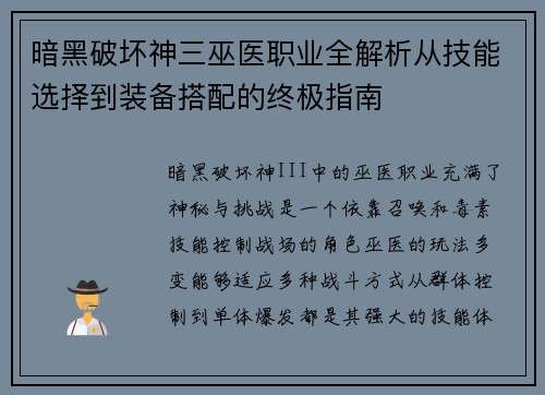 暗黑破坏神三巫医职业全解析从技能选择到装备搭配的终极指南